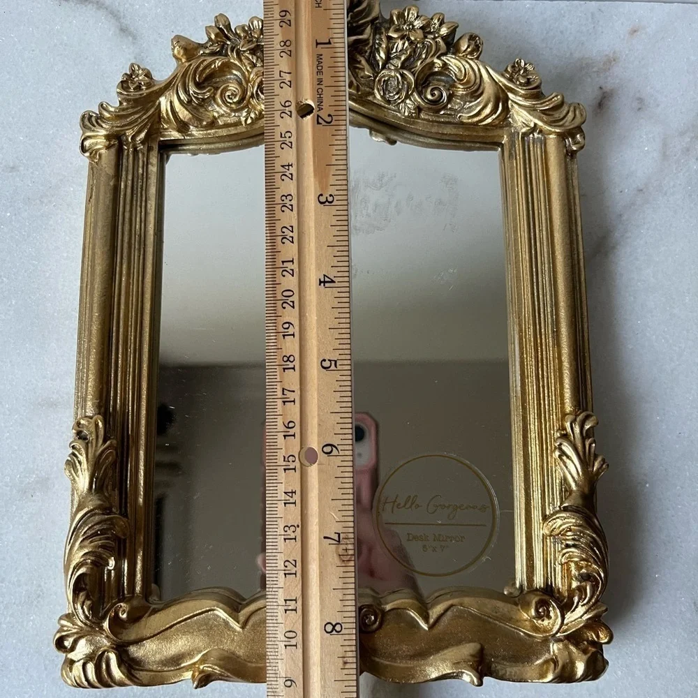 Ornate gold floral table top mirror 6”x9”